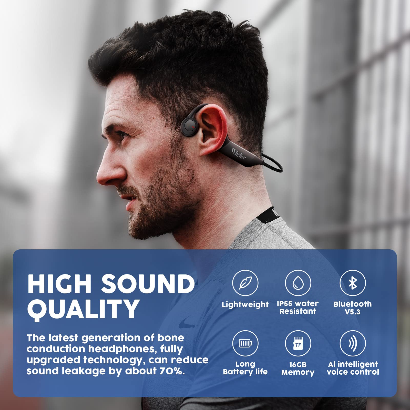 Wigfar Bone Conduction Headphones Bluetooth, Built-in 16GB Memory Bluetooth 5.3 Open Ear Headphones Wireless Bluetooth, Intelligent Voice Waterproof 8 Hr Battery Life for Running, Driving, Calling