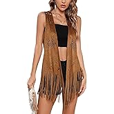 Women's Vintage Cowgirl Tassel Vests 70s Hippie Sleeveless Fringe Waistcoat Hollow Out Western Jacket Gilet