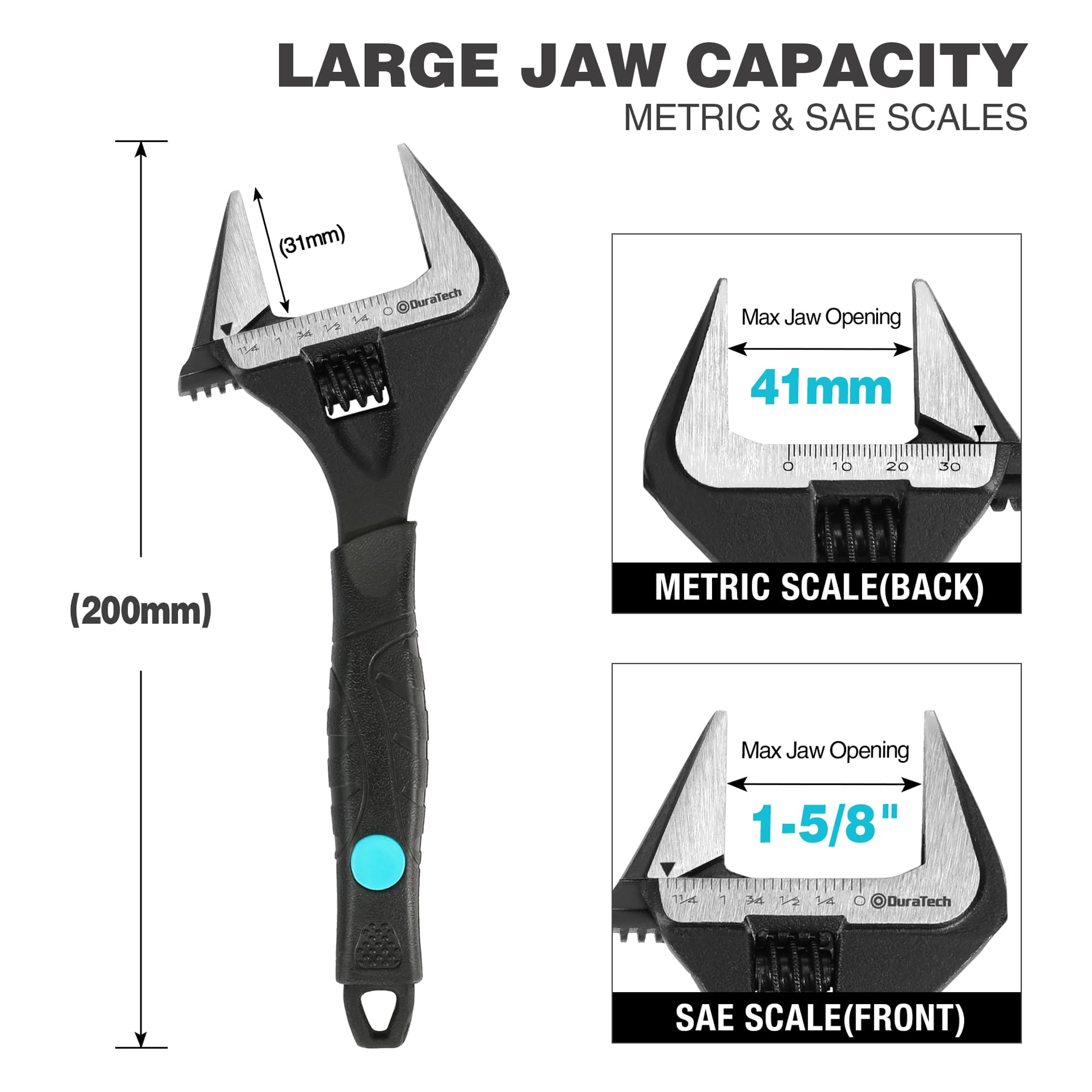 DURATECH 200 MM Verstellbarer Schraubenschlüssel, Große Öffnung Rollgabelschlüssel, Schwarz-oxidierte Oberfläche, Cr-V Stahl, SAE und Metrisch, ergonomischer Griff 2