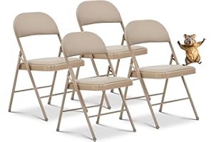 Oline Vinyl Folding Chairs, Padded Vinyl Cushion Chairs with Durable Metal Frame, Indoor Outdoor Stackable Foldable Guest Chairs for Office Wedding Kitchen Dining, 300lb Capacity (Khaki, 4 Pack)