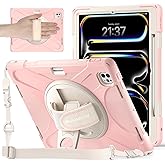 BRAECNstock Case for Apple iPad Pro 13 inch M5 2025 / M4 2024, Shockproof Protective Kids Case with Pencil Holder [360 Rotating Hand Strap + Stand], Shoulder Strap, Sakura Pink