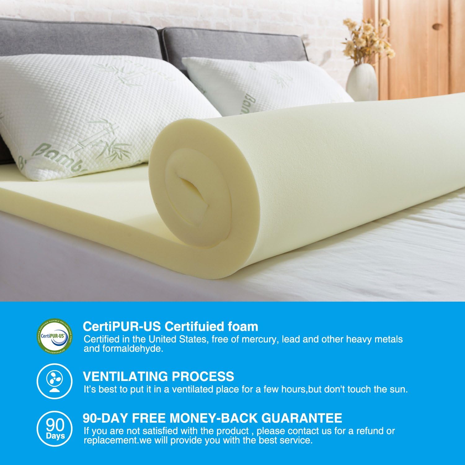 NOFFA Memory Foam Mattress Topper European King Bed, 2 inch Toppers