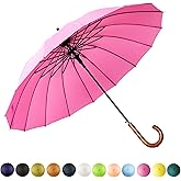 SoulRain 16 Ribs 48" Stick Umbrella Auto Open Solid Color Fashionable and Simple,Arc Classic Wood Handle,Windproof Unbreakable Stick Rain Umbrella
