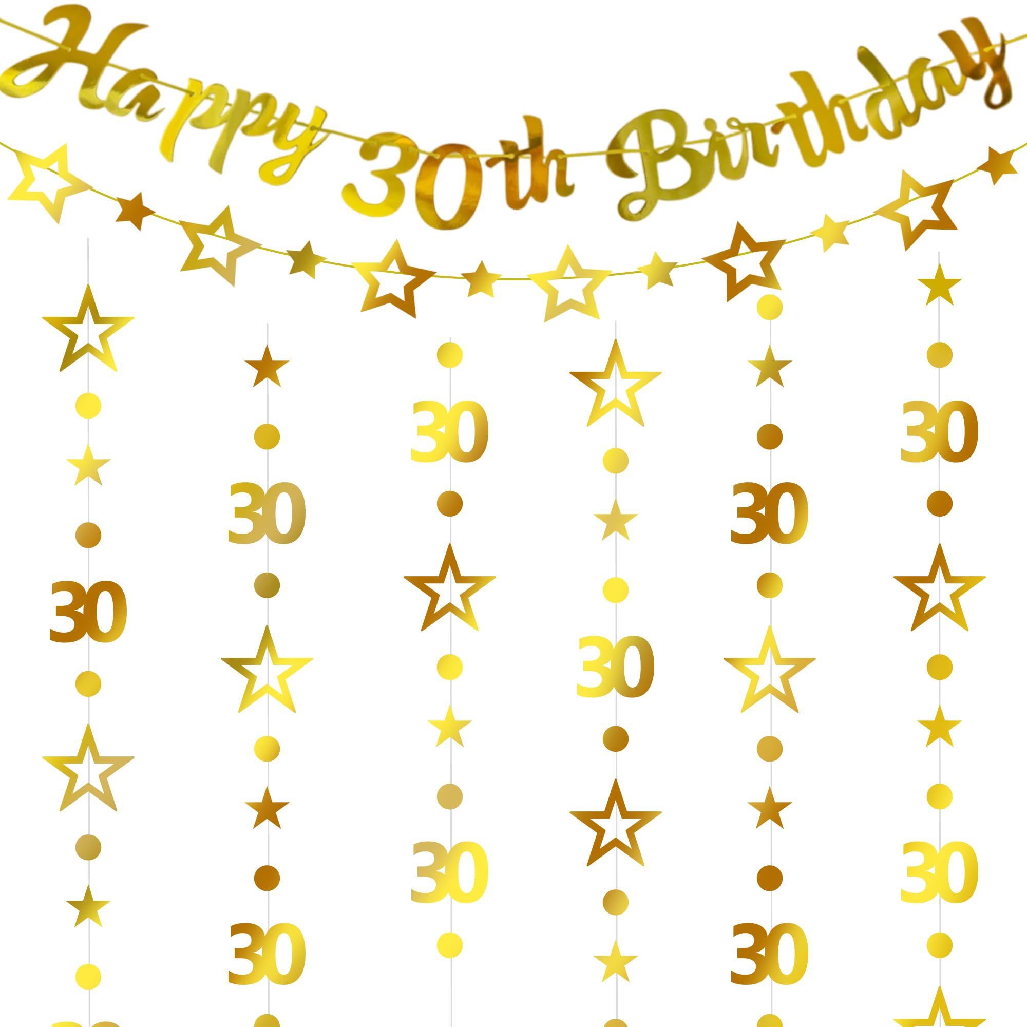 30th Birthday Decorations Gold Banner - 4 Pcs Gold Happy 30th Birthday Garland Banner Number 30 Circle Dot Twinkle Star Garland Hanging Streamer for Happy 30 Year Old Thirty Anniversary Party Supplies