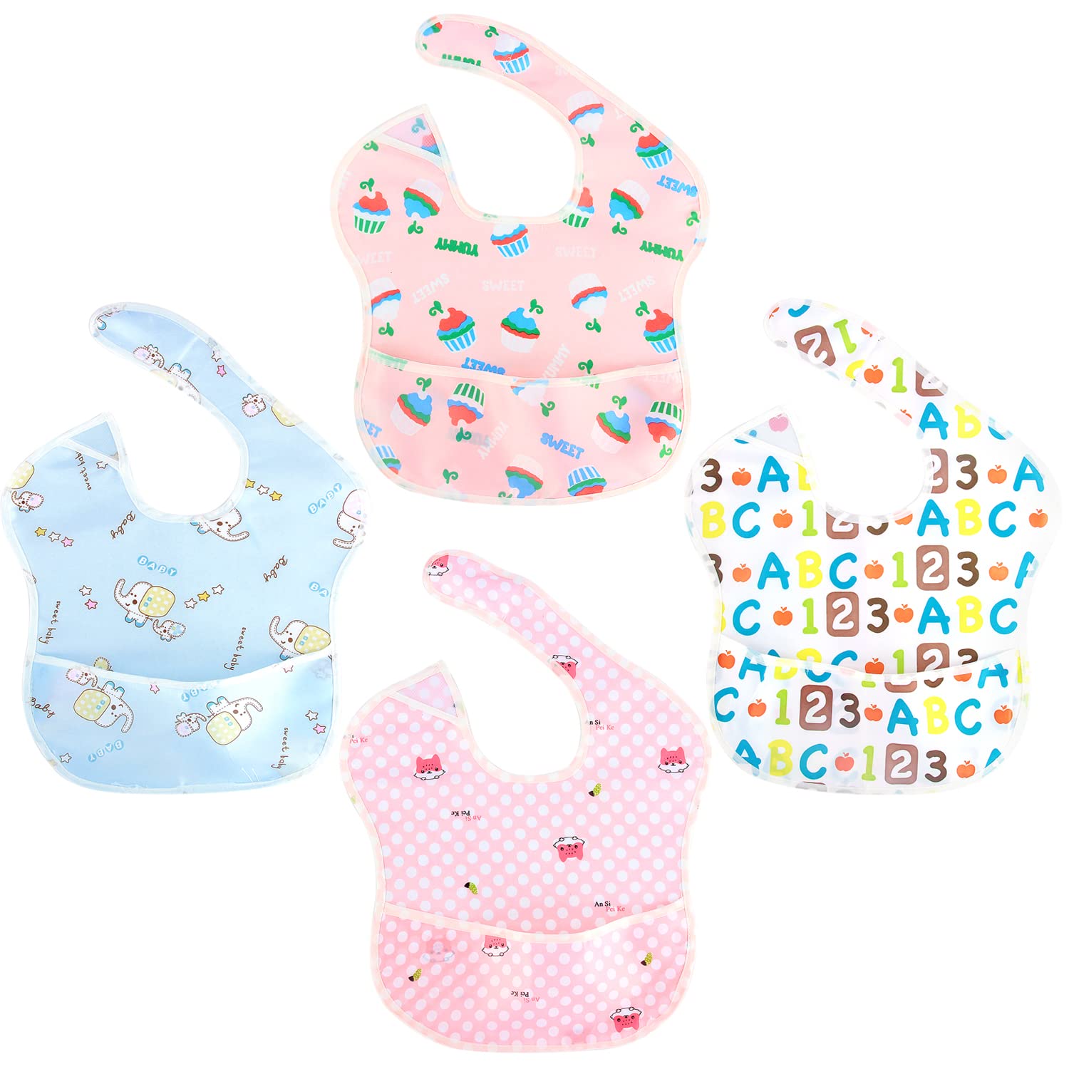 Discoball 4 Pack Super Light Weight Baby Bib,Waterproof Bibs for Toddlers,Wipeable Bib Easy to Clean, Stain Resistant,Feeding Bibs with Large Pockets for Babies Aged 5-36 Months