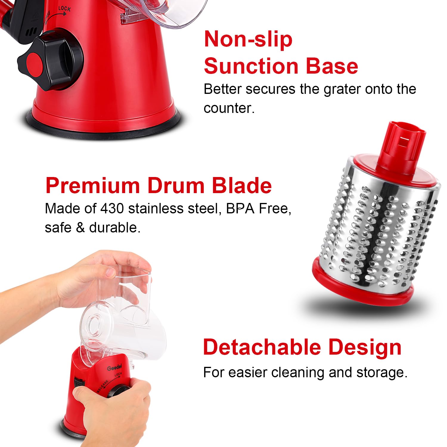 Geedel Rotary Cheese Grater, Kitchen Mandoline Vegetable Slicer with 3 Interchangeable Blades, Easy to Clean Grater for Fruit, Vegetables, Nuts