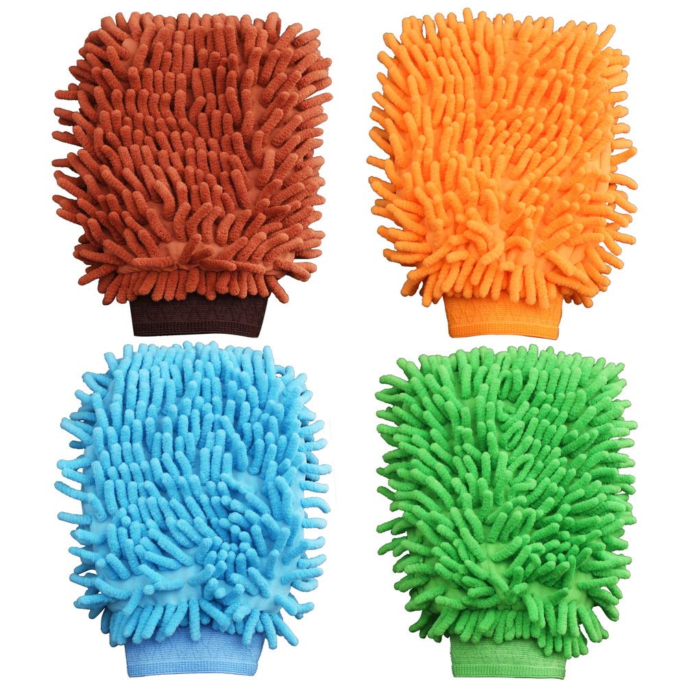 Kuou 4 Pcs Car Wash Mitts, Double Sided Microfiber Mitts Super Absorbent Microfibre Gloves Microfibre Cloth for Car & Household Cleaning (Random Color)