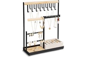 MISS SHARK Jewelry Organizer Include Velvet Ring Case, 4 Tier Jewelry Holder Organizer with 16 Holes for Earring Organizer, Jewelry Stand with 15 Hooks Necklace Organizer and Bracelet Holder, Black