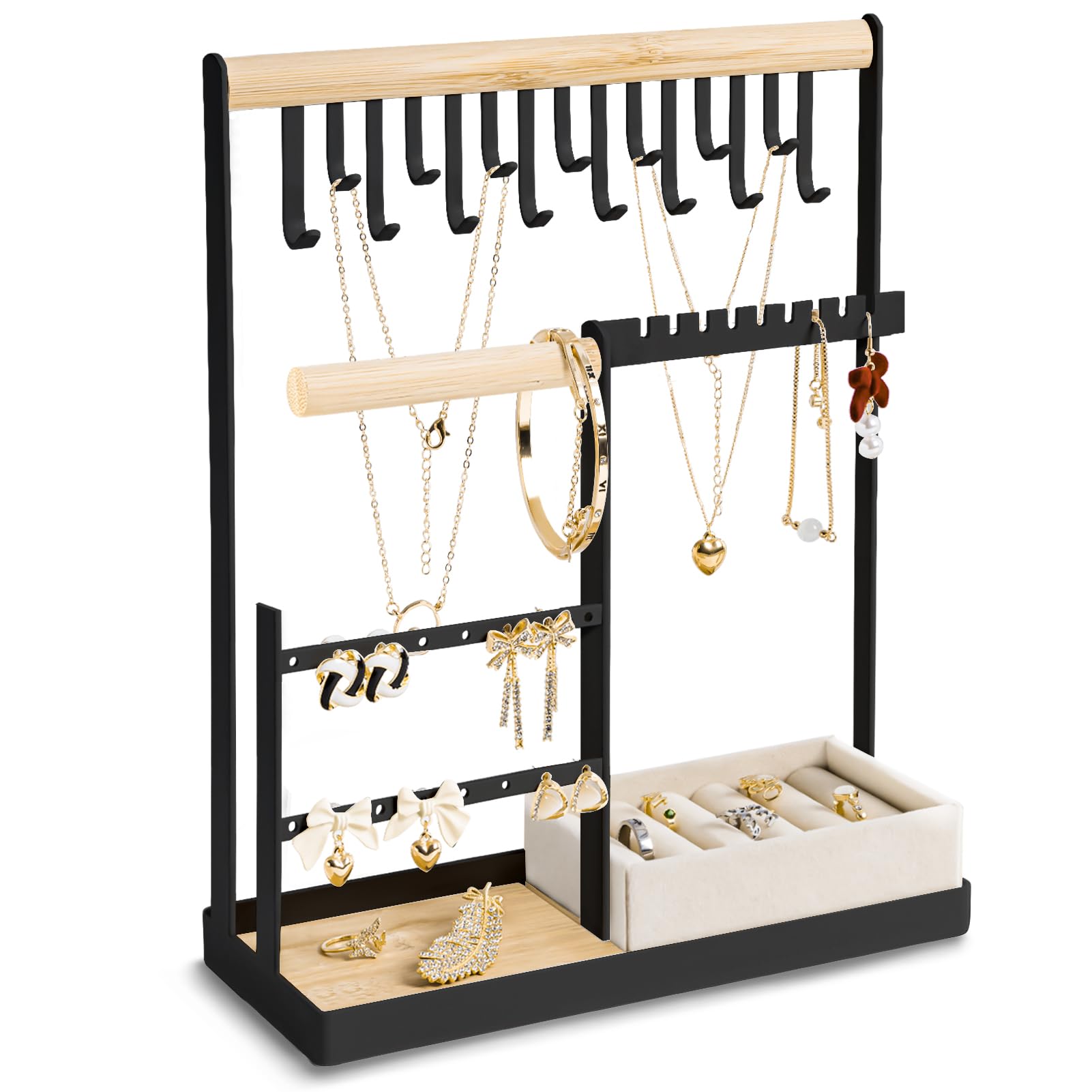 Photo 1 of MISS SHARK Jewelry Organizer Stand Include Velvet Ring Case, 4 Tier Jewelry Holder Organizer with 16 Holes for Earring and 15 Hooks Necklace, Black
