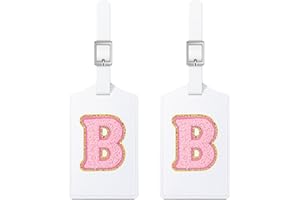 Sodsay 2 PCS Initial Luggage Tag, Luggage Tags for Suitcases Cute Embroidered Letter PU Leather Travel Bag Baggage Tags Privacy Cover ID Label for Women Kids Teens Men(B, White Leather+Pink Letter)