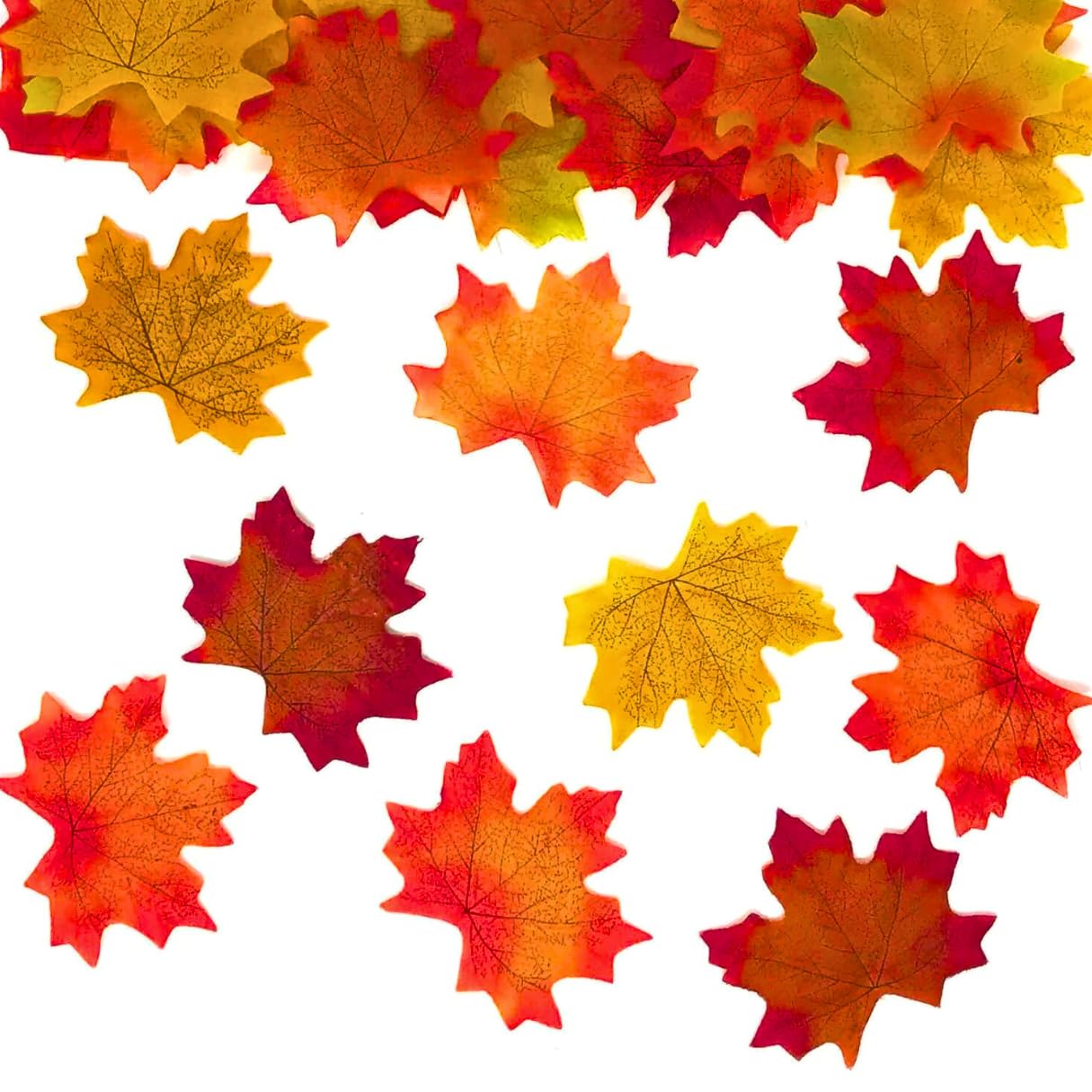 Autumn Leaves Decorations – 100 Fake Maple Leaf Fabric Pieces for Crafts & Home Decor | Artificial Faux Foliage for Kids Seasonal Table Display, Harvest Festival, 8x7cm