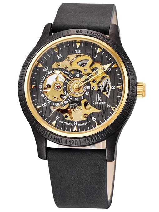 Alienwork IK Skelett Herren Damen Automatikuhr aus Naturholz mit Glasboden