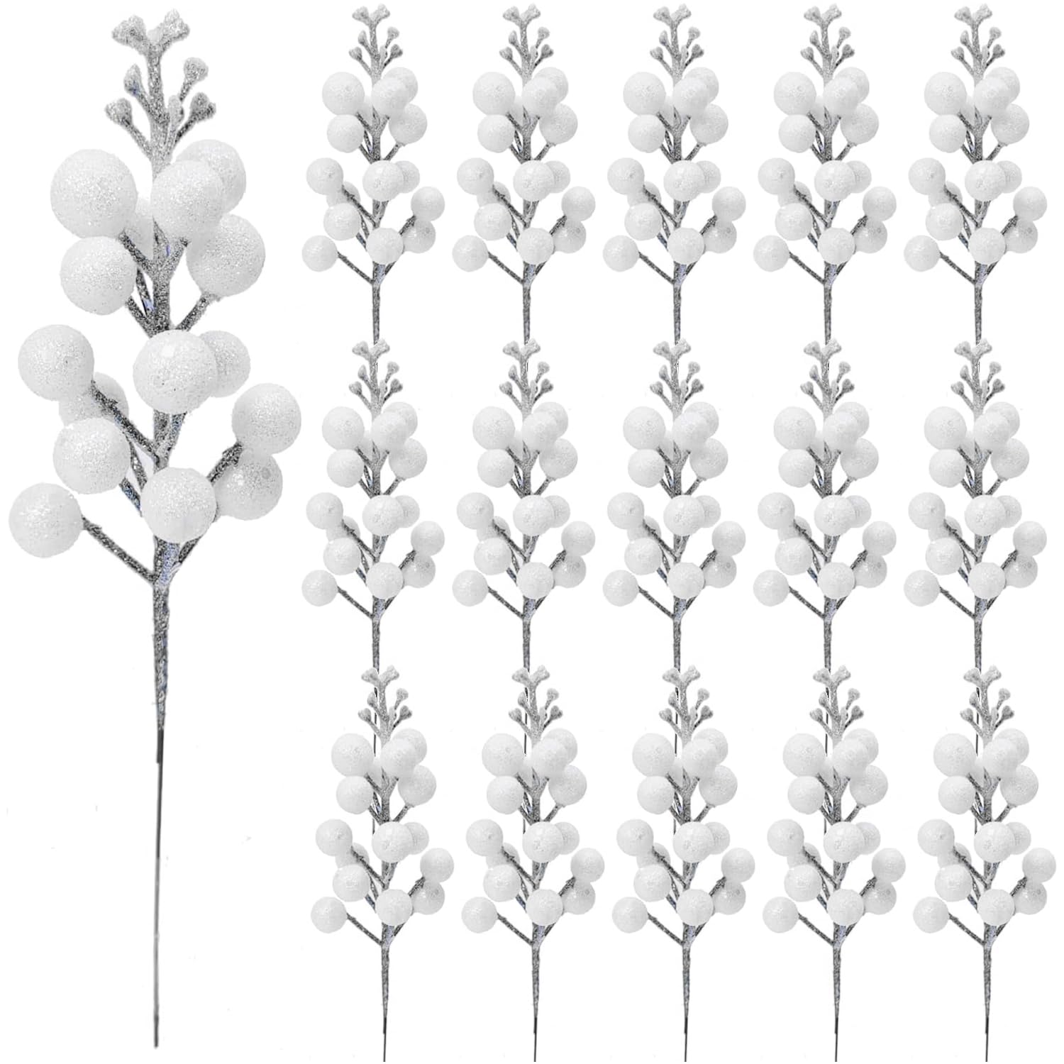 KKSTY Pack of 16 Christmas Glitter Berry Stem, Artificial Berry Picks Holly Berries Branches for Christmas Tree Decoration Wreath Making Supplies DIY Crafts Holiday Season Winter Home Decor (White)