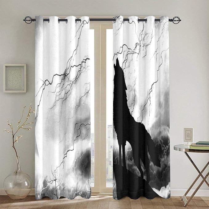 N / A Cortina Opaca Silueta de Lobo aullador Negro Tormenta Cortinas de