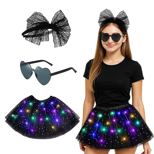Light Up Tutu Skirt for Women, Black Light Up Tutu with Headband and Sunglasses, Plus Size Tutu for Dance Performances, Parties, Festivals and Costumes