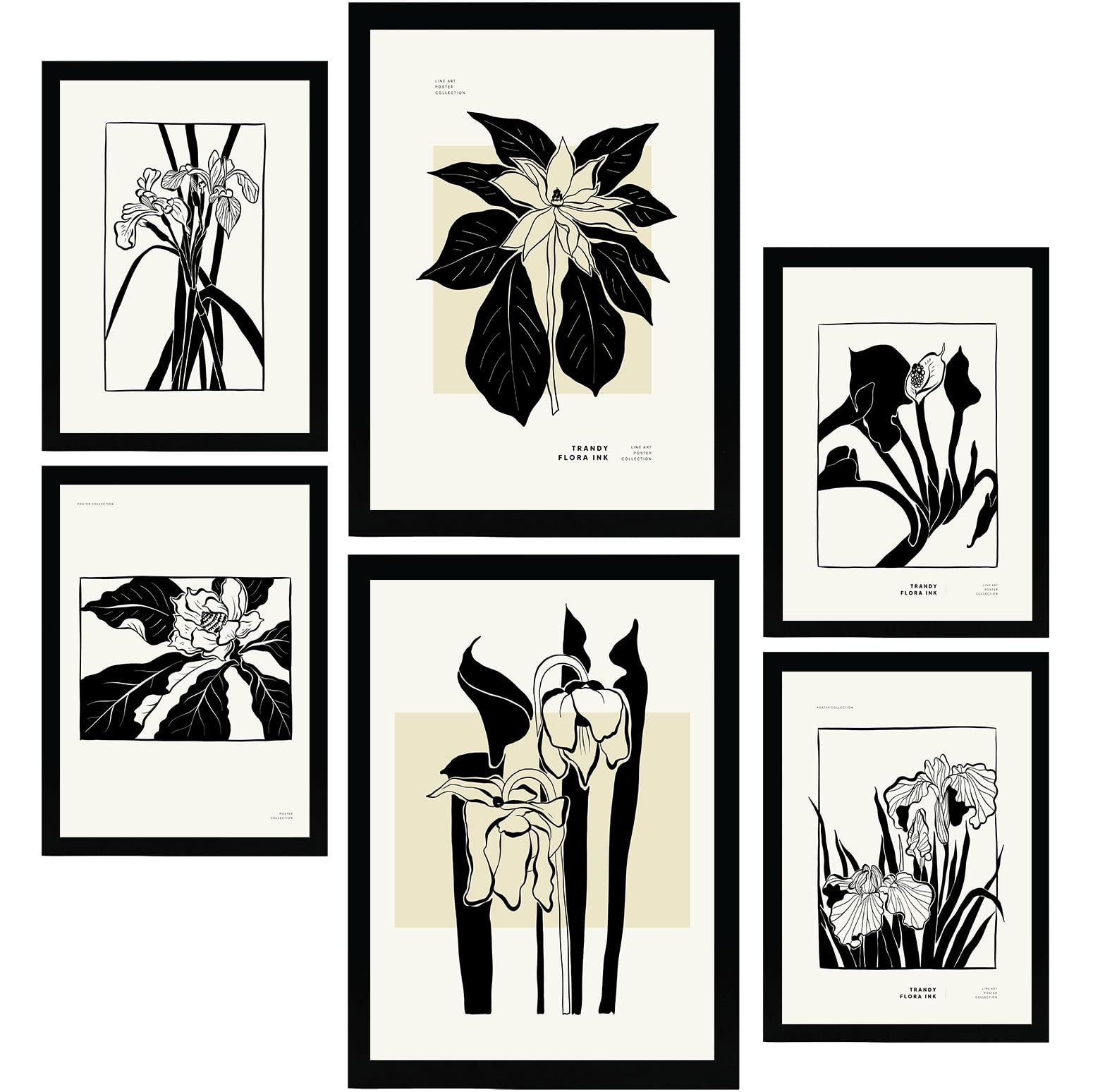 Nacnic Set of 6 Thick Black Ink Posters. Exotic. Artistic Sketch Aesthetic Wall Art Prints for Interior Design and Decoration. Sizes A3 & A4. Unframed.