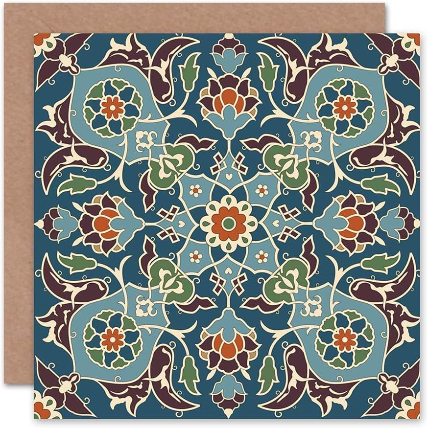 Wee Blue Coo PATTERN DESIGN FLORAL TRADITIONAL BLANK GREETINGS BIRTHDAY CARD ART, Green|grey|beige|red|black, 15 x 15 cm