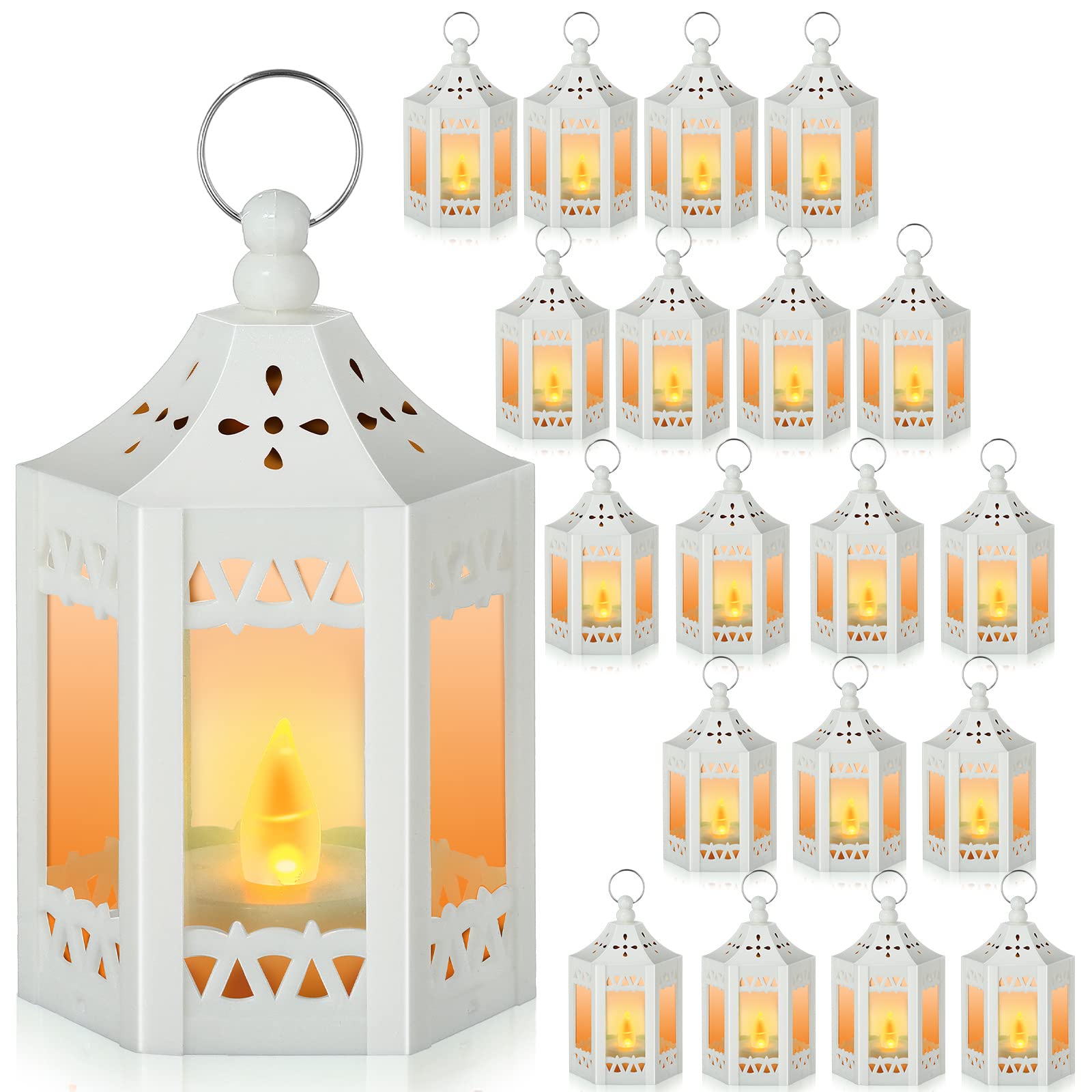 Photo 1 of Hortsun 30 Pcs Vintage Mini Lantern Decorative 4.3 Inches with LED Candles Wedding Centerpiece Ramadan Eid Mubarak Indian Diwali Hanging Lantern Include Button Batteries for Home Table Decor(White)