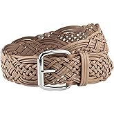 ANNULOYA Women's Braided 2 Inch Wide Leather Belts for Dresses and Pants, Hand Woven Hollow Waist Belt with Silver Buckle