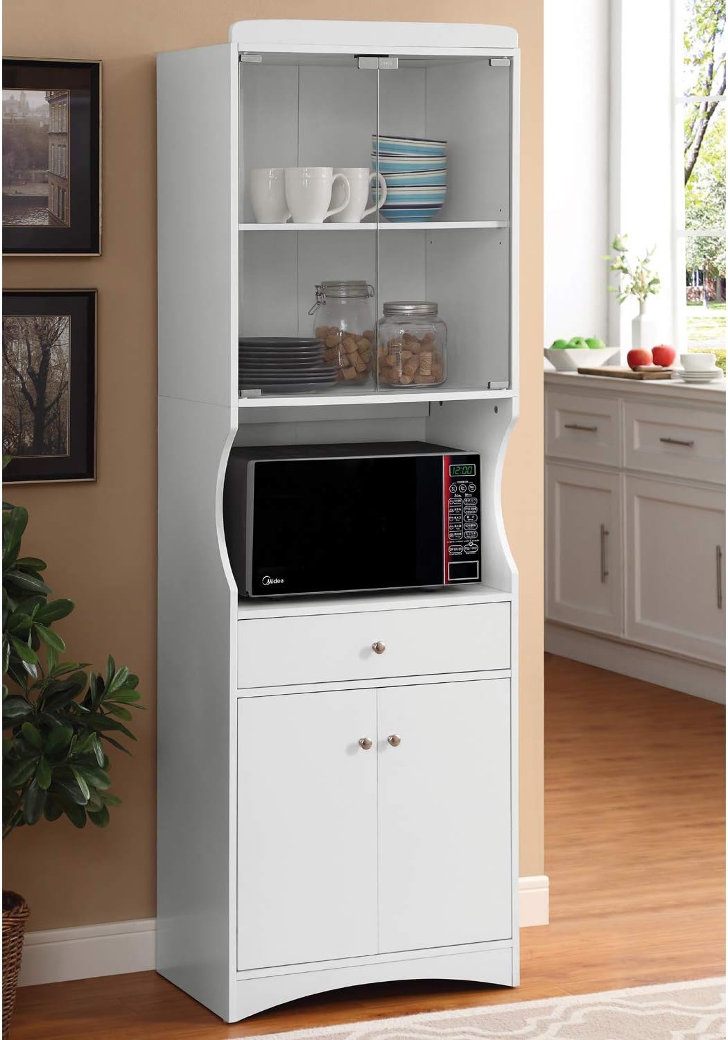 Home Source Industries Microwave Cart with Lots of Storage and Glass-Door on Upper Shelves, White