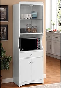Home Source Industries Microwave Cart with Lots of Storage and Glass-Door on Upper Shelves, White