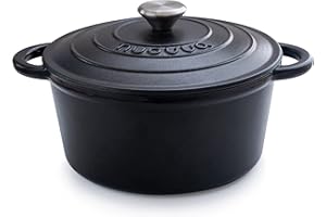 Cast Iron Pot with Lid – Non-Stick Ovenproof Enamelled Casserole Pot, Oven Safe up to 500° F – Sturdy Dutch Oven Cookware – Black, 5-Quart, 24cm – by Nuovva