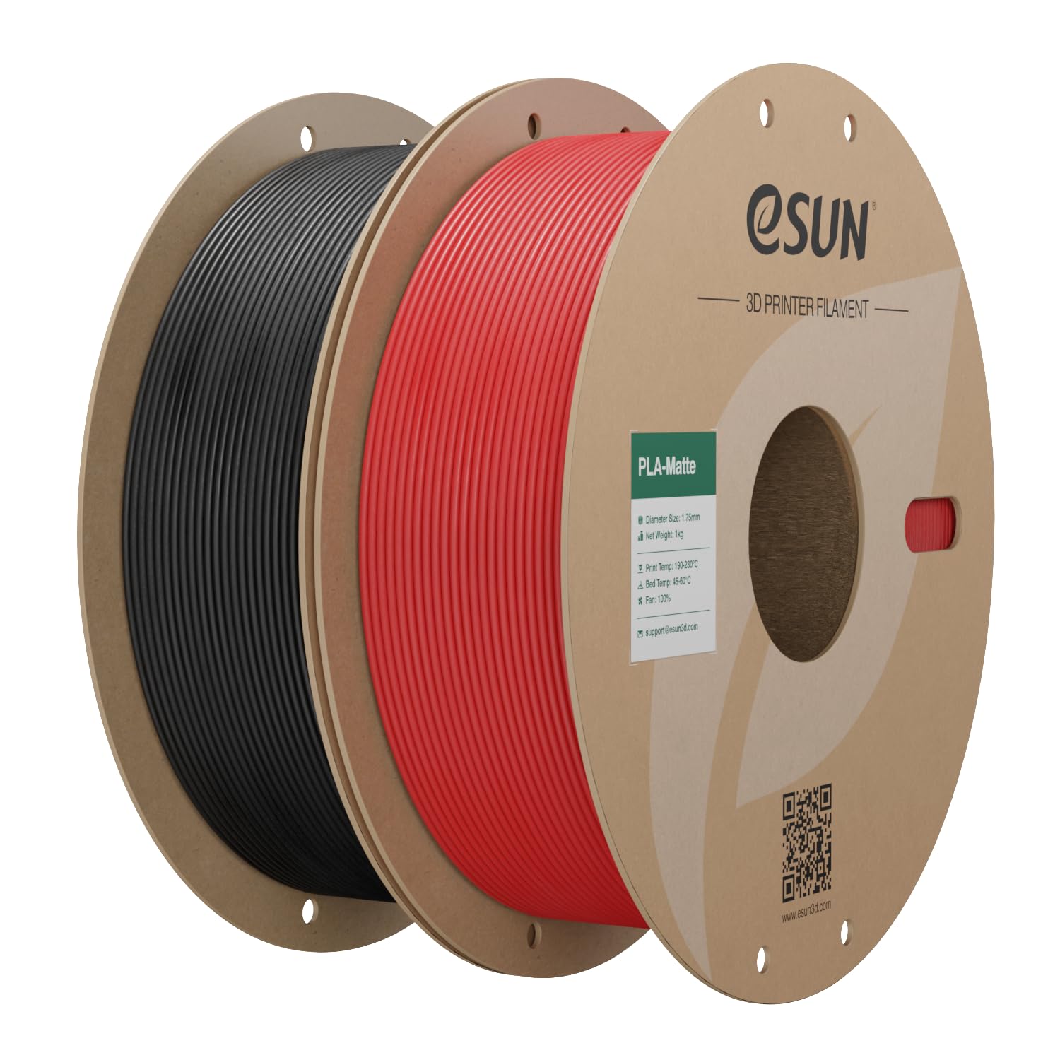 eSUN Upgraded Matte PLA Filament 1.75mm, Matte PLA 3D Drucker Filament, glanzfreie Farbe, mattierte Textur, 1KG pro Spule, 2 Spulen für 3D Drucker, Dunkelschwarz+Feuerrot