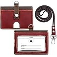 Badge Holder: Boshiho Cowhide Leather ID Badge Card Holder with 19" Neck Lanyard, Horizontal Style (Red)