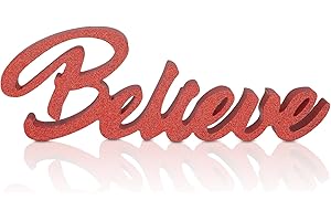 Weysat Believe Freestanding Cutout Wood Block Red Glitter Believe Sign Decorative Art Tabletop Wooden Letters Sign for Home Decoration Living Room Christmas Kitchen Family Bedroom Hall Decor