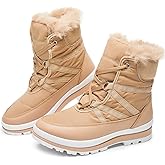 BABUDOG Womens Warm Fur Lined Mid-Calf Boots Waterproof Winter Snow Boots Non-slip Lace up Combat Boots