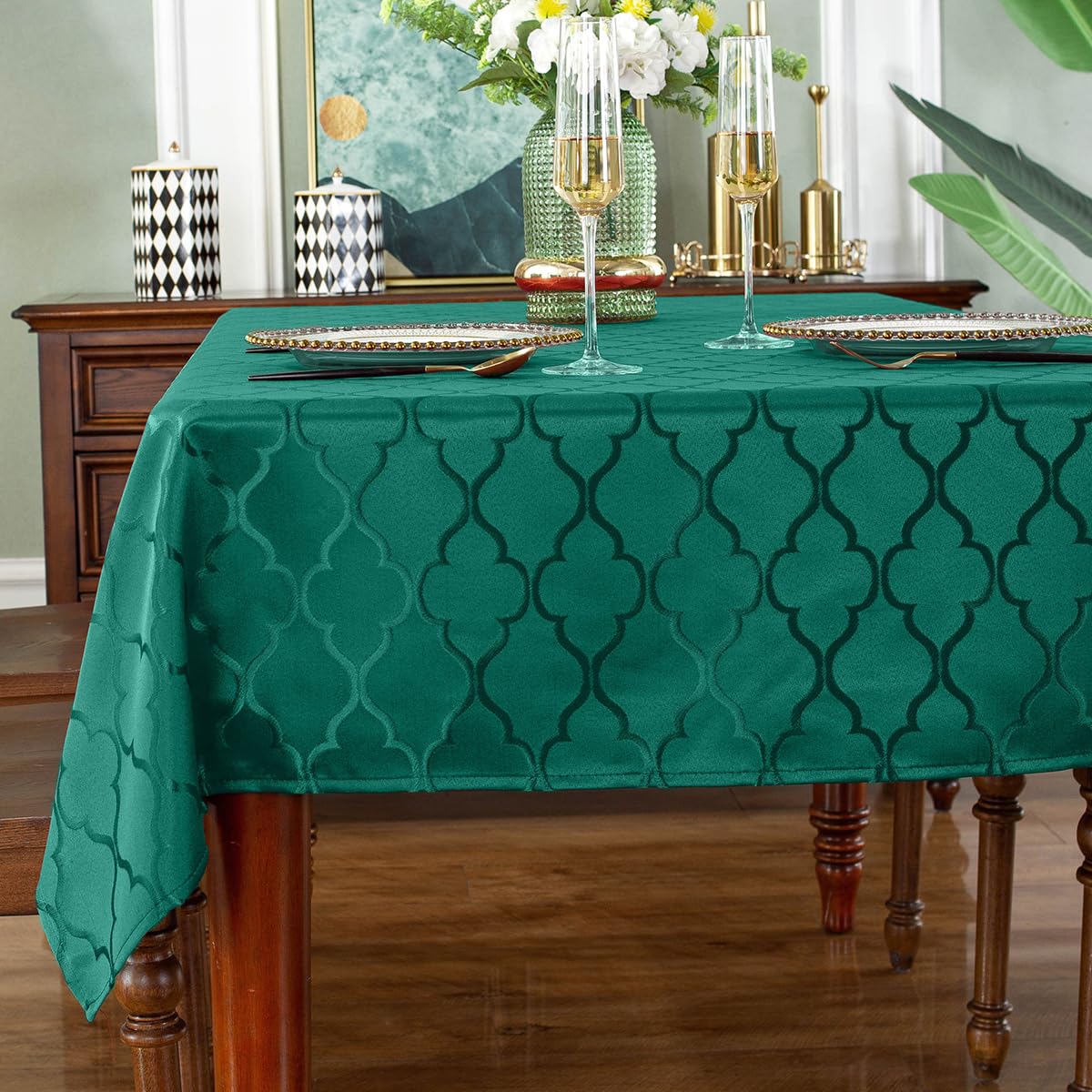 SASTYBALE Christmas Tablecloth Rectangle, Spillproof and Wrinkle Resistant Jacquard Table Cloth with Floral Patterns for Dining Room & Holiday Decoration (Green, 152 x 259 cm (8-10 Seats))