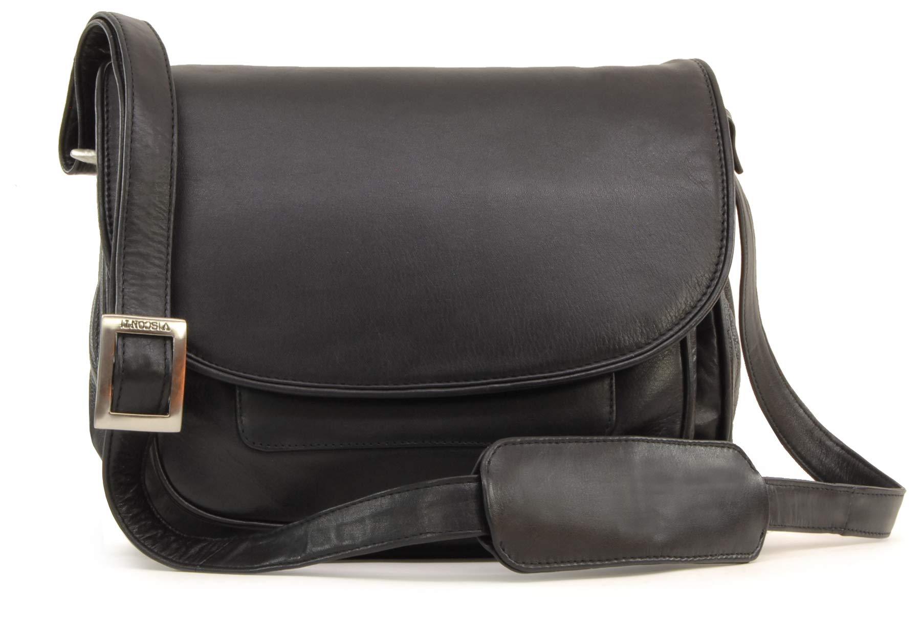 VISCONTI - Women's Leather Crossbody Saddle Bag - Medium Handbag - Multiple Pockets - Adjustable Shoulder Strap - Atlantic 2195 - Black