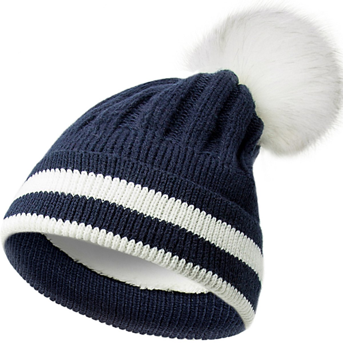 EVRFELAN Pom Pom Cotton Beanie Winter Hat Knitted Thick Warm Cute Caps Women Girls (Navy blue)
