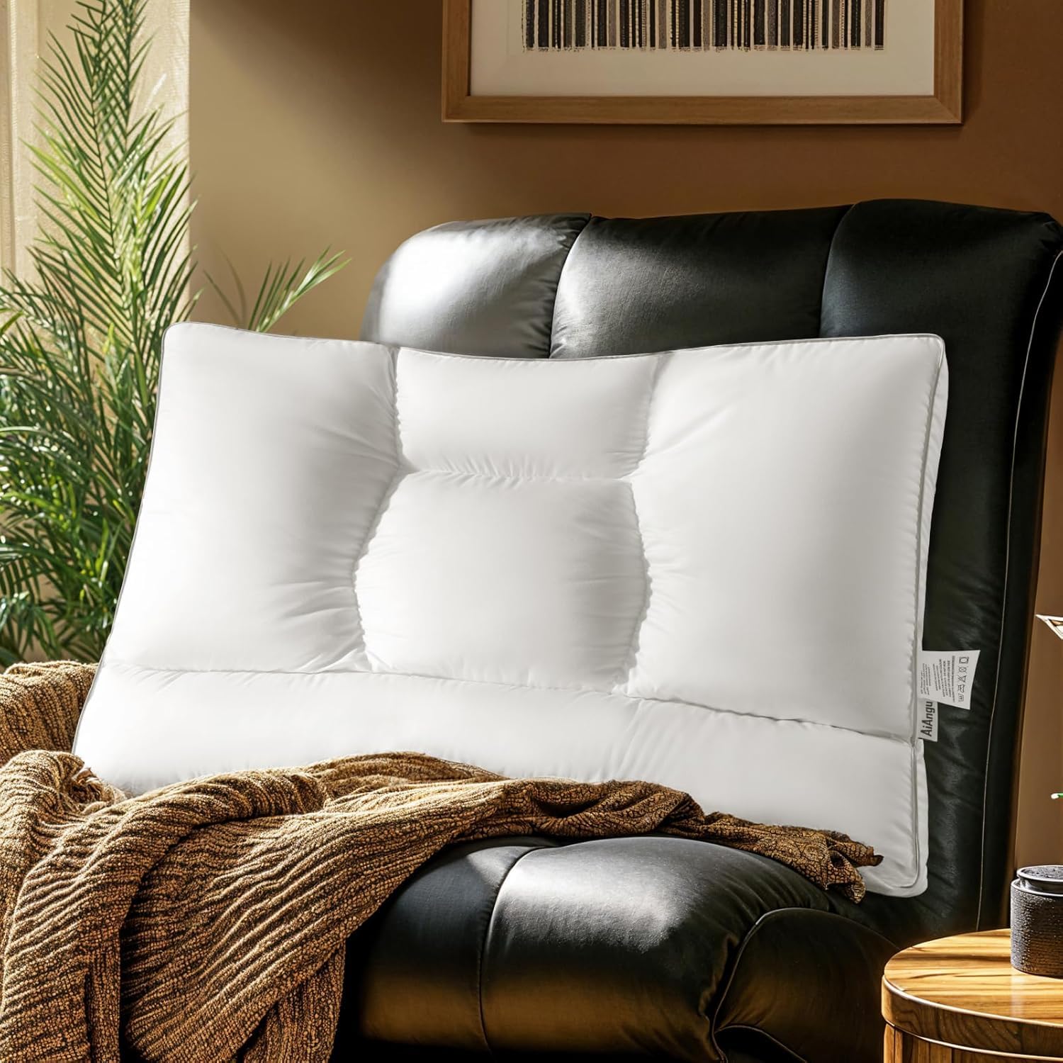 Photo 1 of AiAngu Goose Down Pillow, Cervical Support for Neck Pain Relief, 1250+ Fill Power, 600 Thread Count Cotton Shell, Ergonomic Design for Side, Back, and Stomach Sleepers(White,Queen(Pack of 1))