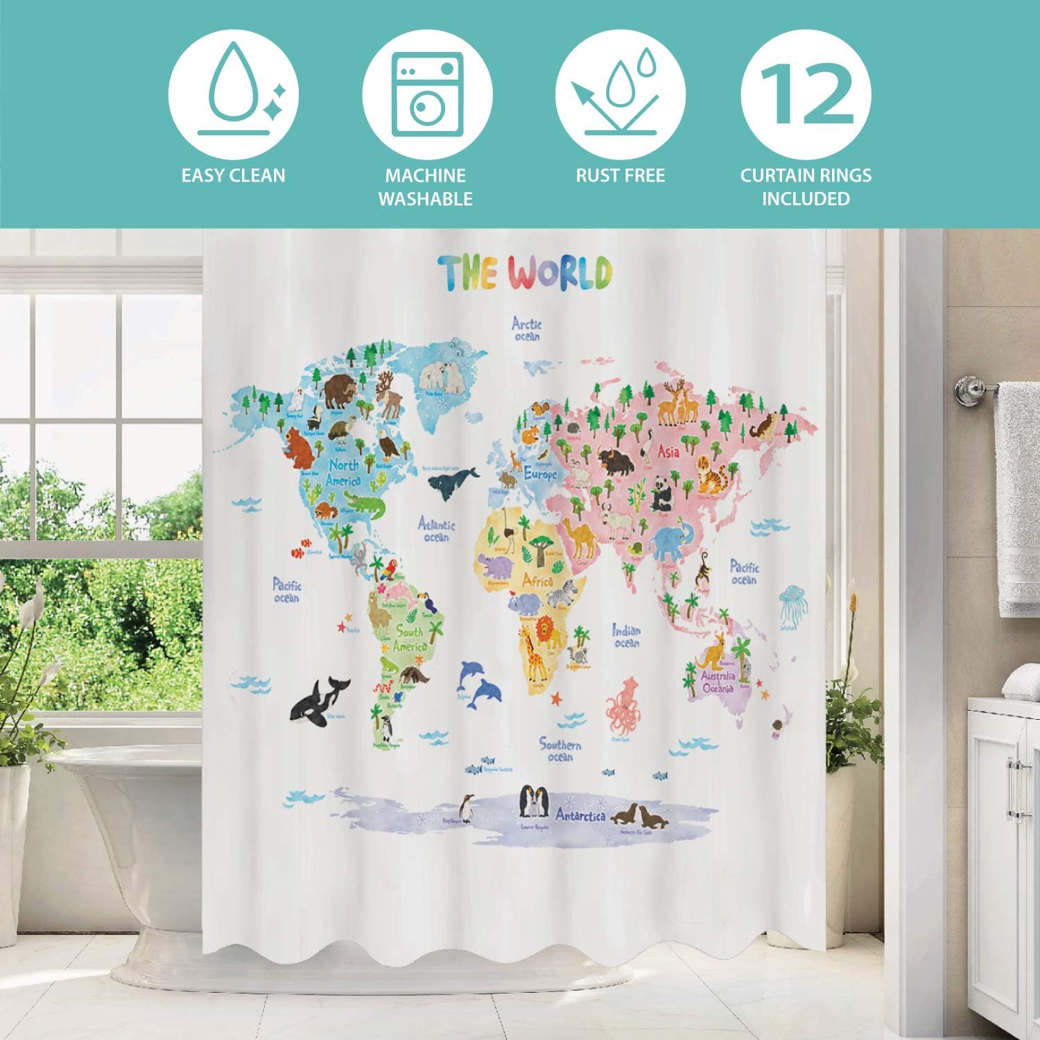 DECOWALL BSC-615 Kids Animal World Map Shower Curtain, Waterproof, Machine Washable, Rust-Resistant Grommets - Image 3