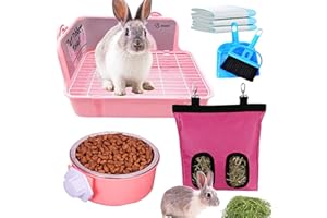 JAYCCON 5-in-1 Rabbit Litter Box with Hay Food Feeding Set, Bunny Toilet Potty with Small Pet Hay Feeder Bag and Water Food Feeding Bowl for Rabbit Guinea Pig Chinchilla ((Medium(Pink)))