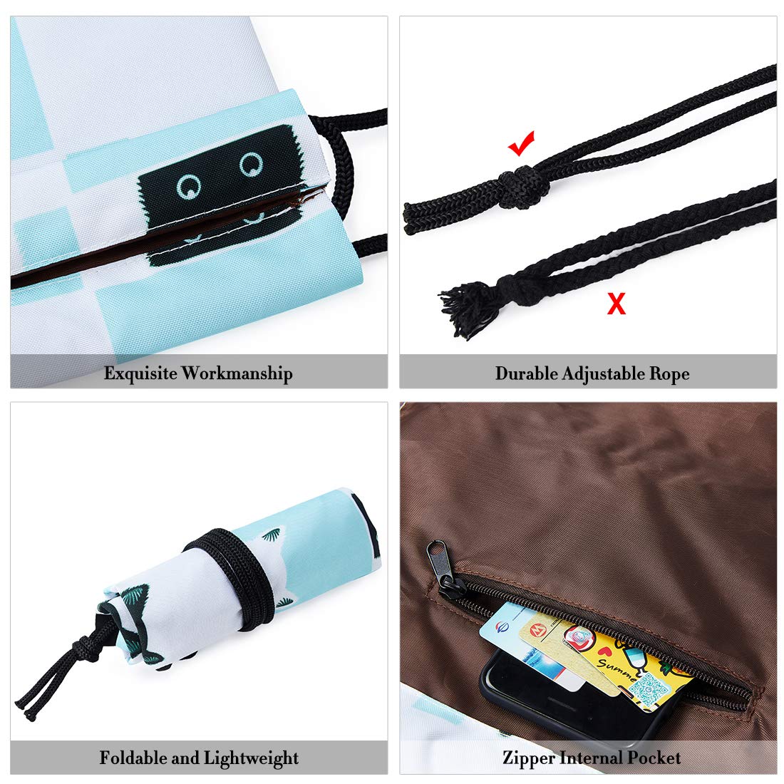 TUONROAD Pretty Cute Design Animal Print Drawstring Backpack Teal White Grid Black Cat Waterproof Lightweight Heavy Duty String Cinch Bag Sack Pack for Toddler Children Kids Girls Boys