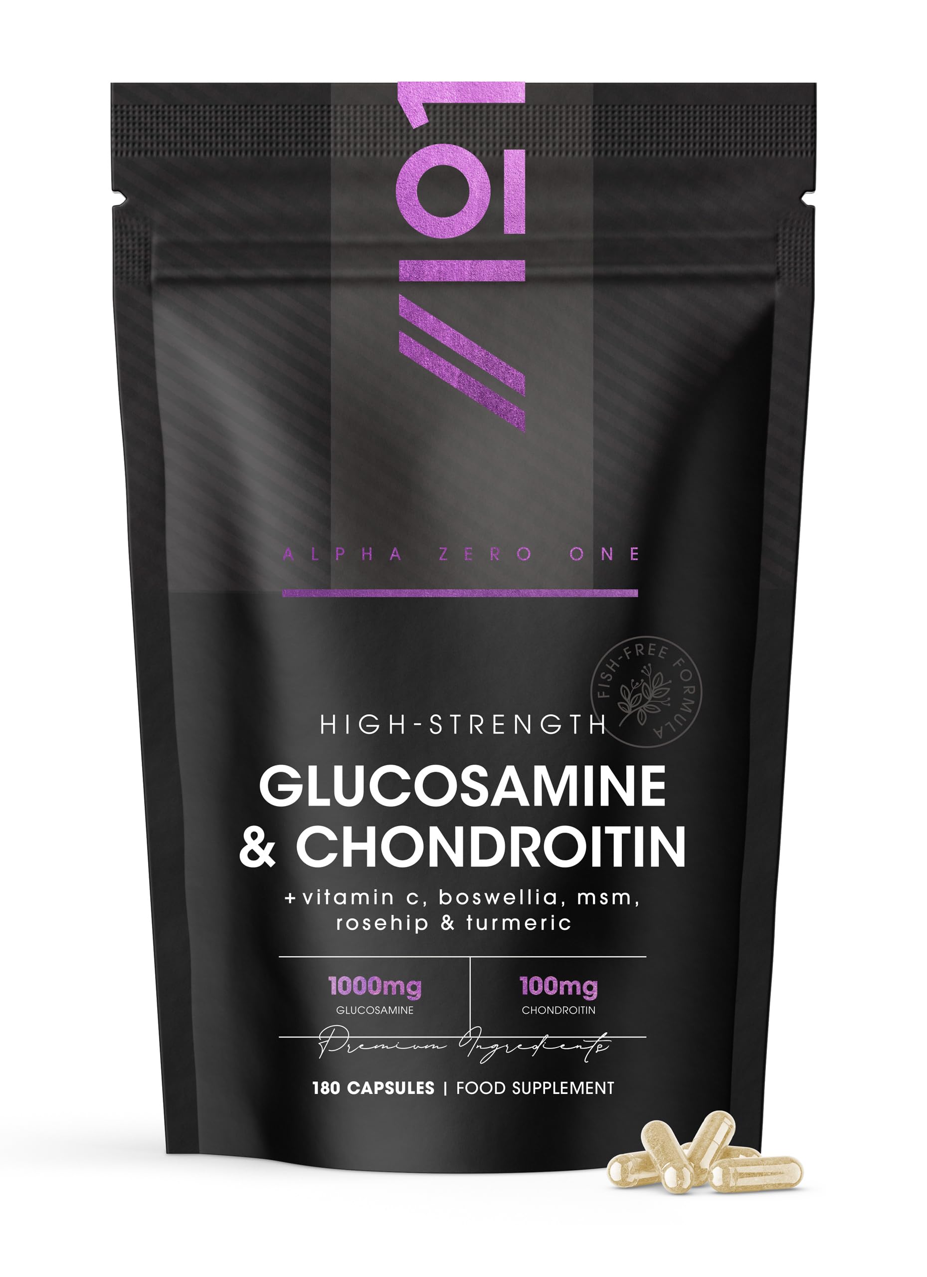 Glucosamine & Chondroitin Complex - 180 Capsules - with MSM, Boswellia, Rosehip, Ginger & Turmeric - Made from Pasture Raised, Grass-Fed Bovine - By Alpha01