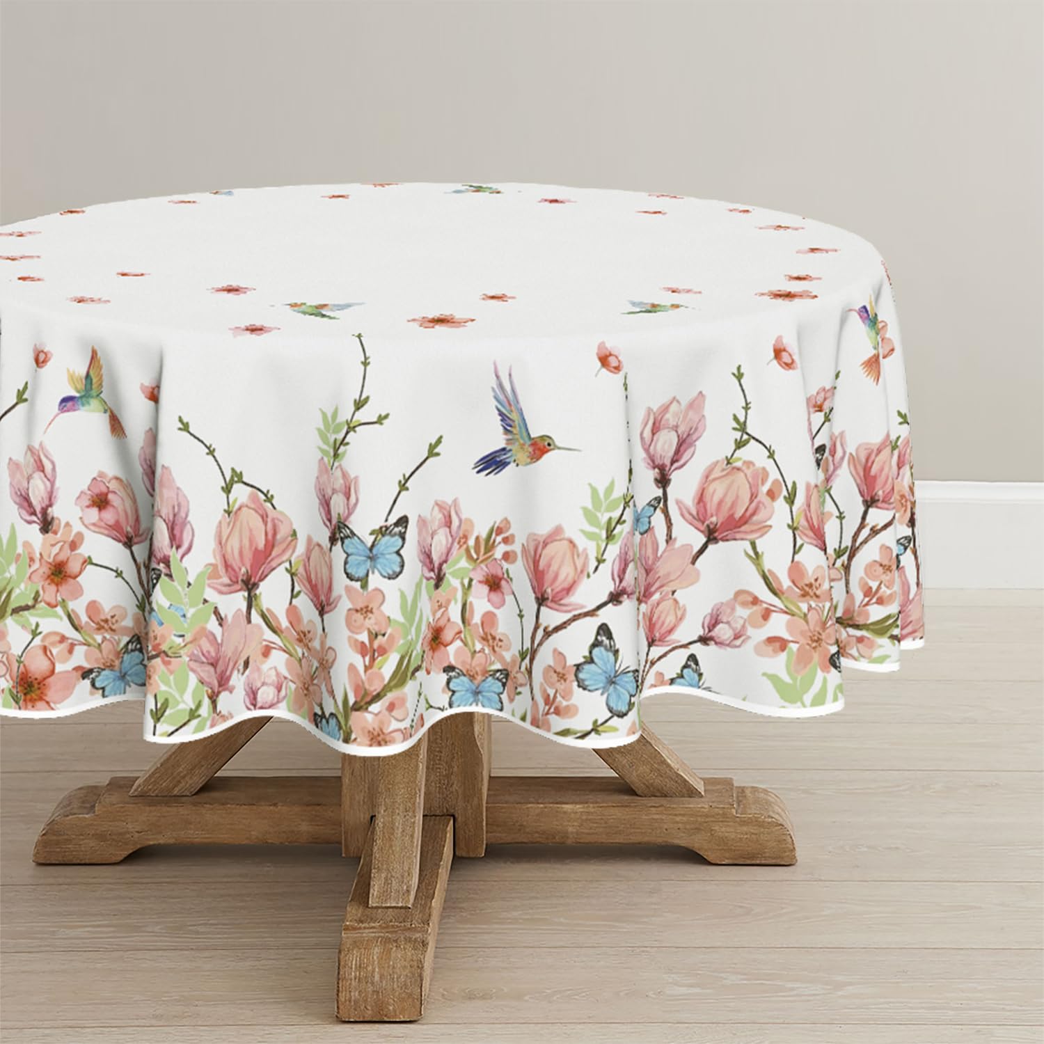 Photo 1 of Horaldaily Spring Tablecloth 90×90 Inch Round, Hummingbird Butterfly Flower Washable Seasonal Table Cover for Party Picnic Dinner Decor color black