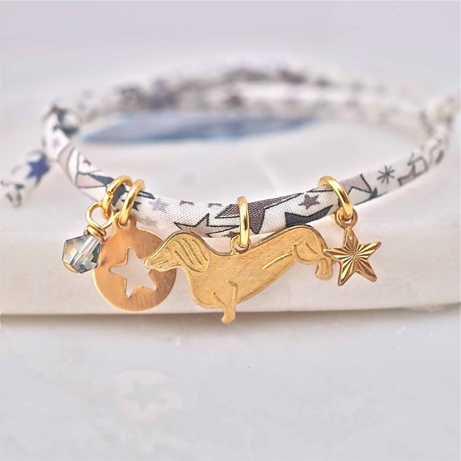 Dog and star Liberty print bracelet,friendship bracelet with sausage dog,gift for dog lover