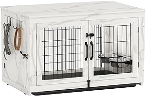 Piskyet Wooden Dog Crate Furniture with 360°Rotatable Removable Dog Bowls, Dog Crate End Table with Tray, Double Doors Dog Kennels forDogs(L:37.7" L*25.1" W*26.1" H, Marble White)