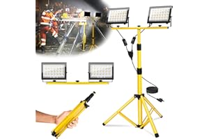 T-SUNiceM 21000Lumen Work Lights with Stand, 2 Head LED Work Light with Adjustable and Foldable Tripod Stand, IP66 Waterproof Portable Work Light for Outdoor Workshop Garage Construction Site Job Site