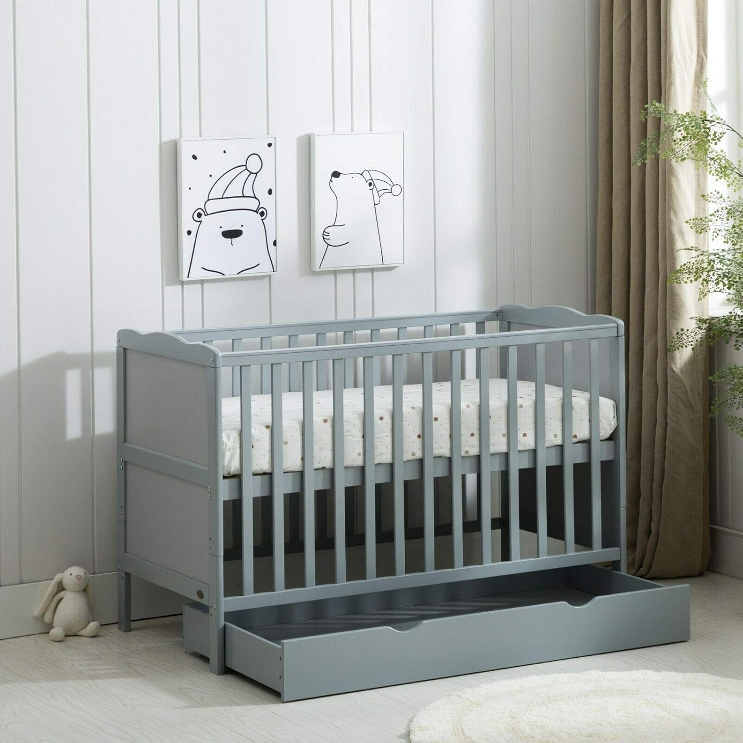 MCC Grey Wooden Baby Cot Bed & Drawer & Aloe Vera Water Repellent