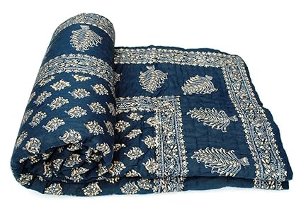 Shop Rajasthan Dark Blue Hand Block Gold Print Cotton Double Bed Quilt - Blue