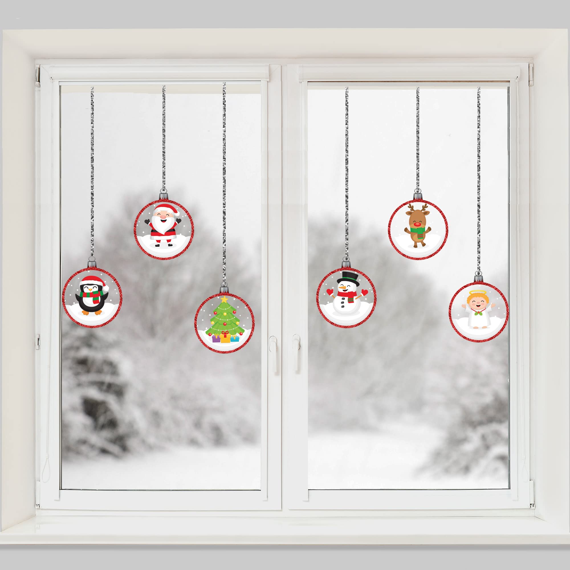 Articlings 12 Christmas Picture Baubles Window Stickers, Winter Holiday Clings, Decor with Glitter Patterns and Strings