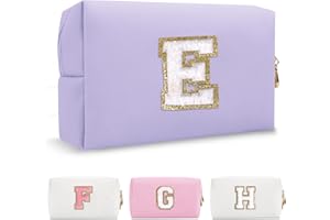 CHAOGREAT Personalized Makeup Bag Initial A-Z Preppy Patch Bag,Small PU Leather Travel Cosmetic Bag Pouch with Zipper,Purple Cute Toiletry Bag,Gift Ideal for Teen Girls Women Birthday Friend Mom,Latter E