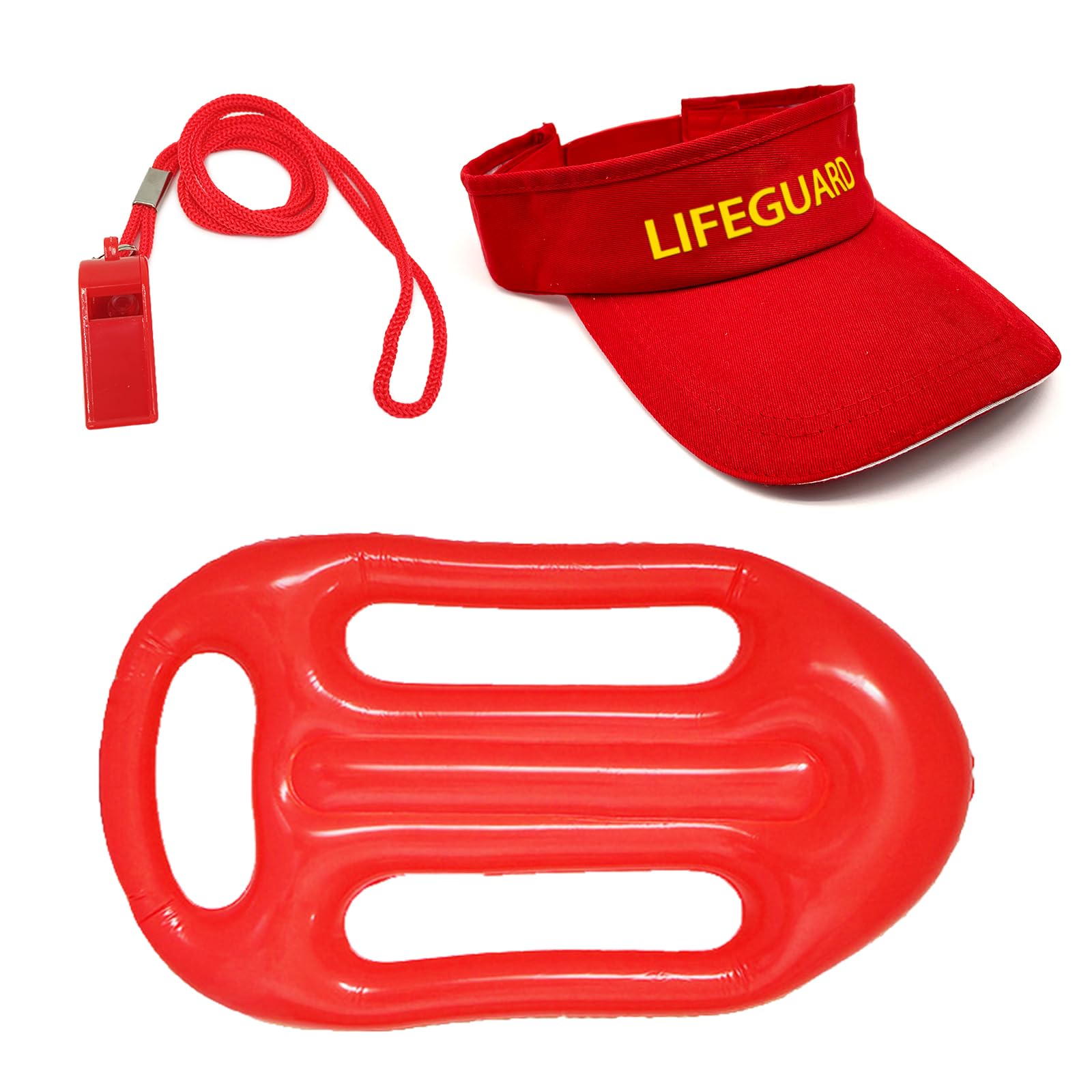 FUIPVGI 3 Pieces Lifeguard Costume Set Baywatch Guard Costume Set Include Adjustable Lifeguard Hat Inflatable Life Saver and Whistle with Lanyard Fancy Dress Accessories for Halloween (Red)
