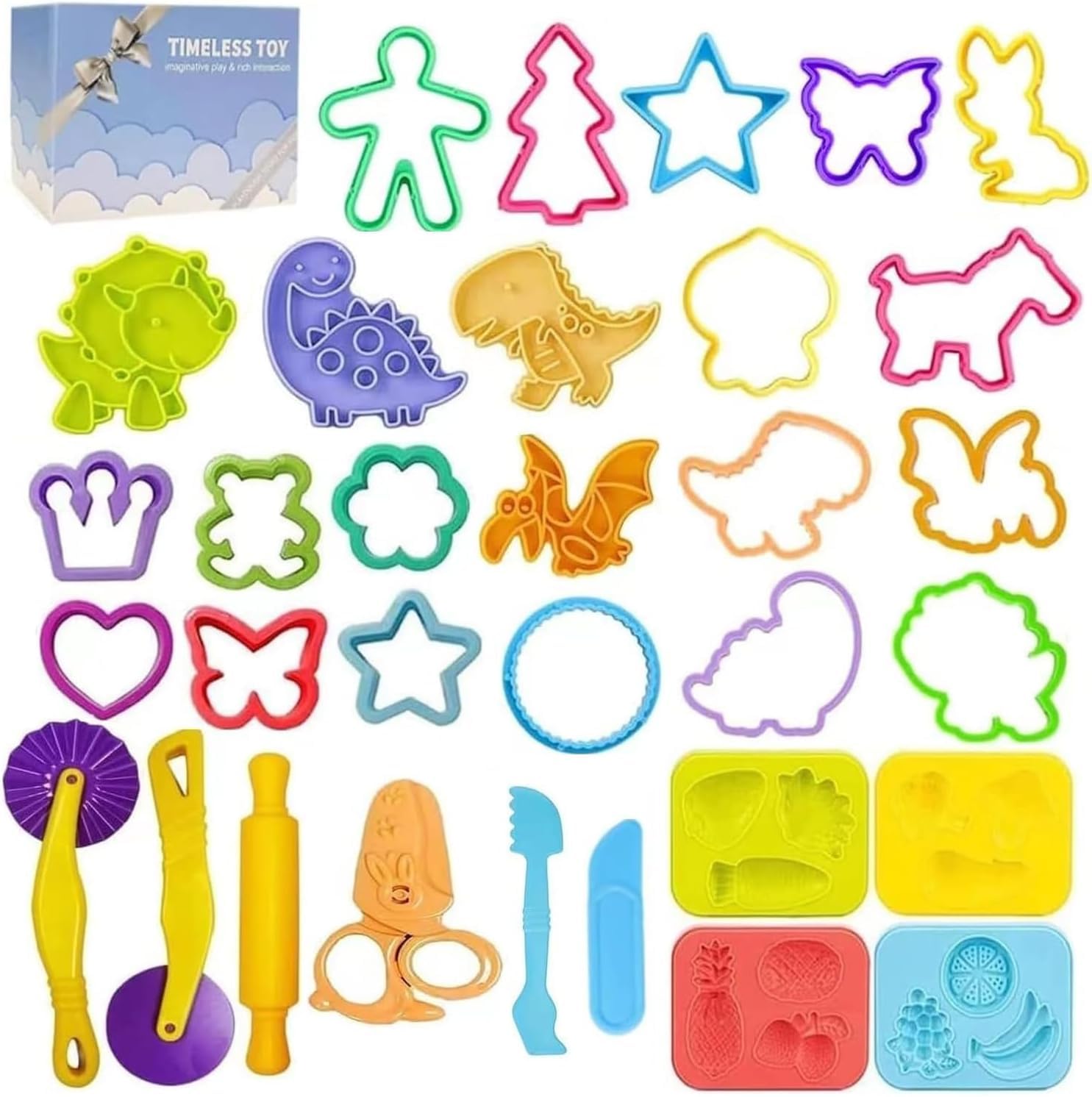 Dough Tools Play for Kids-Dough Accessories Molds Dinosaur Fruit Roller Cutter Scissor and Storage Box, Party Favors Set for Age 3+