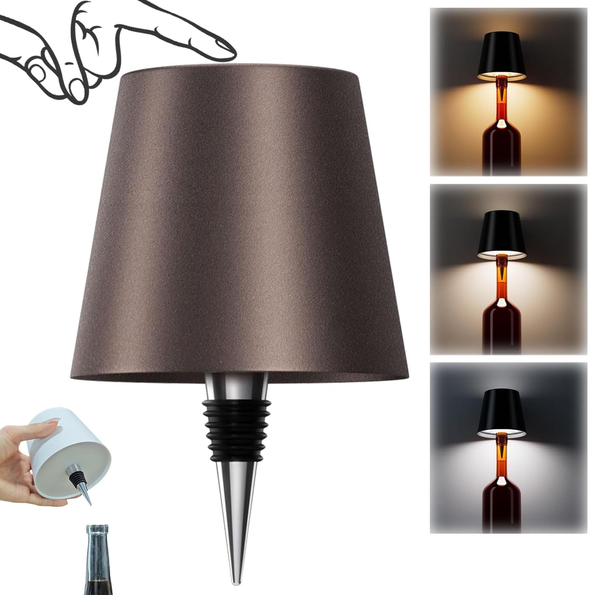 AIMARS Wireless Bottle Lamp, 3 Color Stepless Dimming Wine Bottle Lamp, LED Rechargeable Touch Control Wireless Bottle Lampshade for Bedroom, Restaurant, Bar (Brown, 1-Pack)