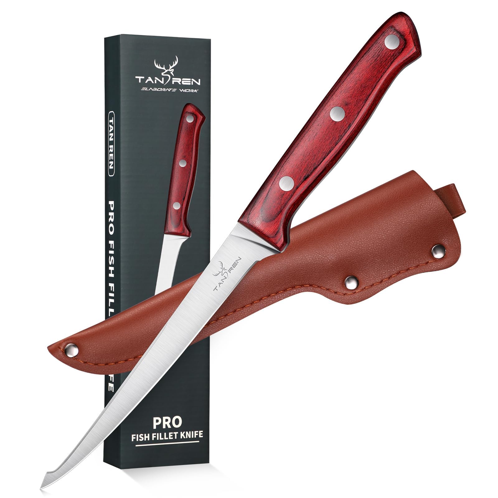 Photo 1 of TAN REN Fillet Knife for Fish, 6inch Flexible Fishing Knife with Sheath, High Carbon Steel Salmon Fillet Knife, Sharp Fish Knife for Filleting and Cleaning, Full Tang Fillet Knife for Meat Cutting